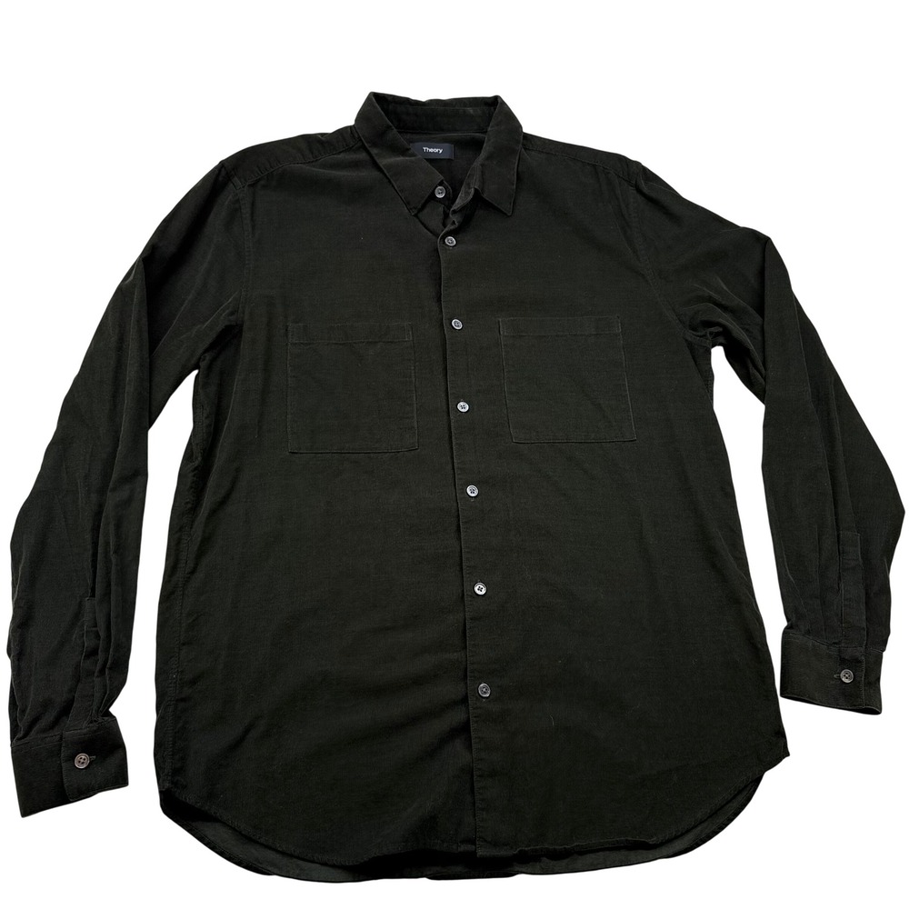 Theory Irving 2P Soft Cord Shirting Mens Large Black Green Corduroy Button Down